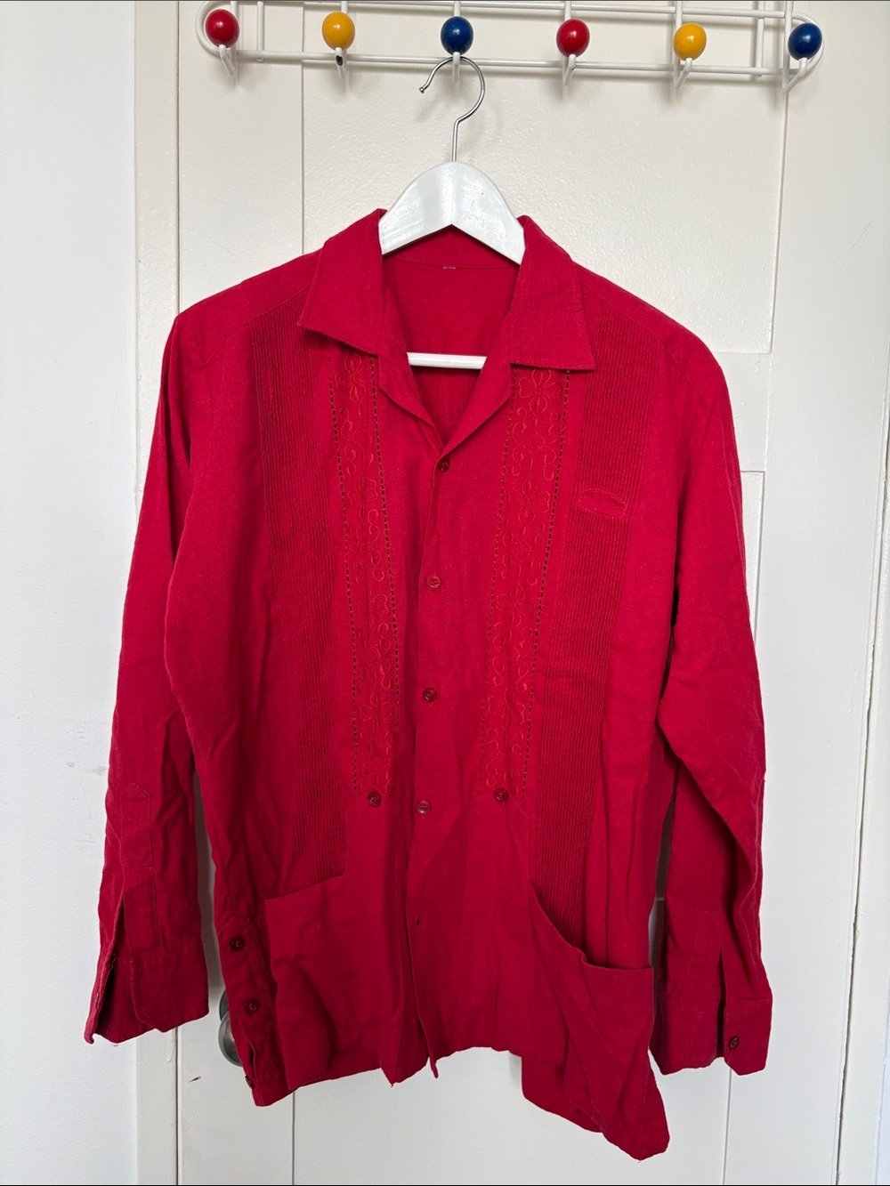 Mexican Guayabera Bold Red Casual Button-Down Shirt with Textured Front